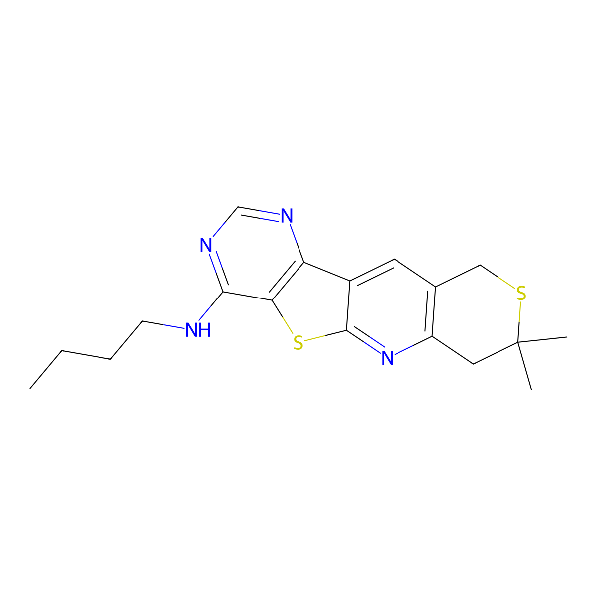 N-butyl-8,8-dimethyl-8,10-dihydro-7H-thiopyrano[3'',4'':5',6']pyrido[3',2':4,5]thieno[3,2-d]pyrimidin-4-amine molecular structure, CAS 708251-62-1