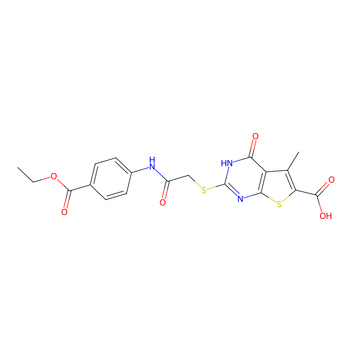 2-((2-((4-(Ethoxycarbonyl)phenyl)amino)-2-oxoethyl)thio)-5-methyl-4-oxo-3,4-dihydrothieno[2,3-d]pyrimidine-6-carboxylic acid molecular structure, CAS 708251-78-9