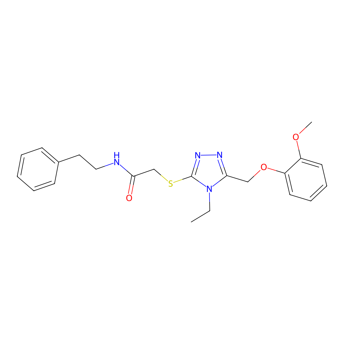 2-({4-ethyl-5-[(2-methoxyphenoxy)methyl]-4H-1,2,4-triazol-3-yl}sulfanyl)-N-(2-phenylethyl)acetamide molecular structure, CAS 708251-84-7