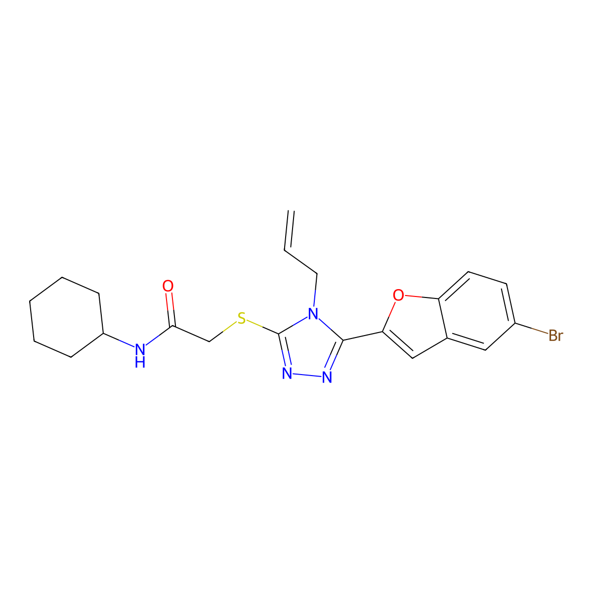 2-[[5-(5-bromo-1-benzofuran-2-yl)-4-prop-2-enyl-1,2,4-triazol-3-yl]sulfanyl]-N-cyclohexylacetamide molecular structure, CAS 708252-18-0