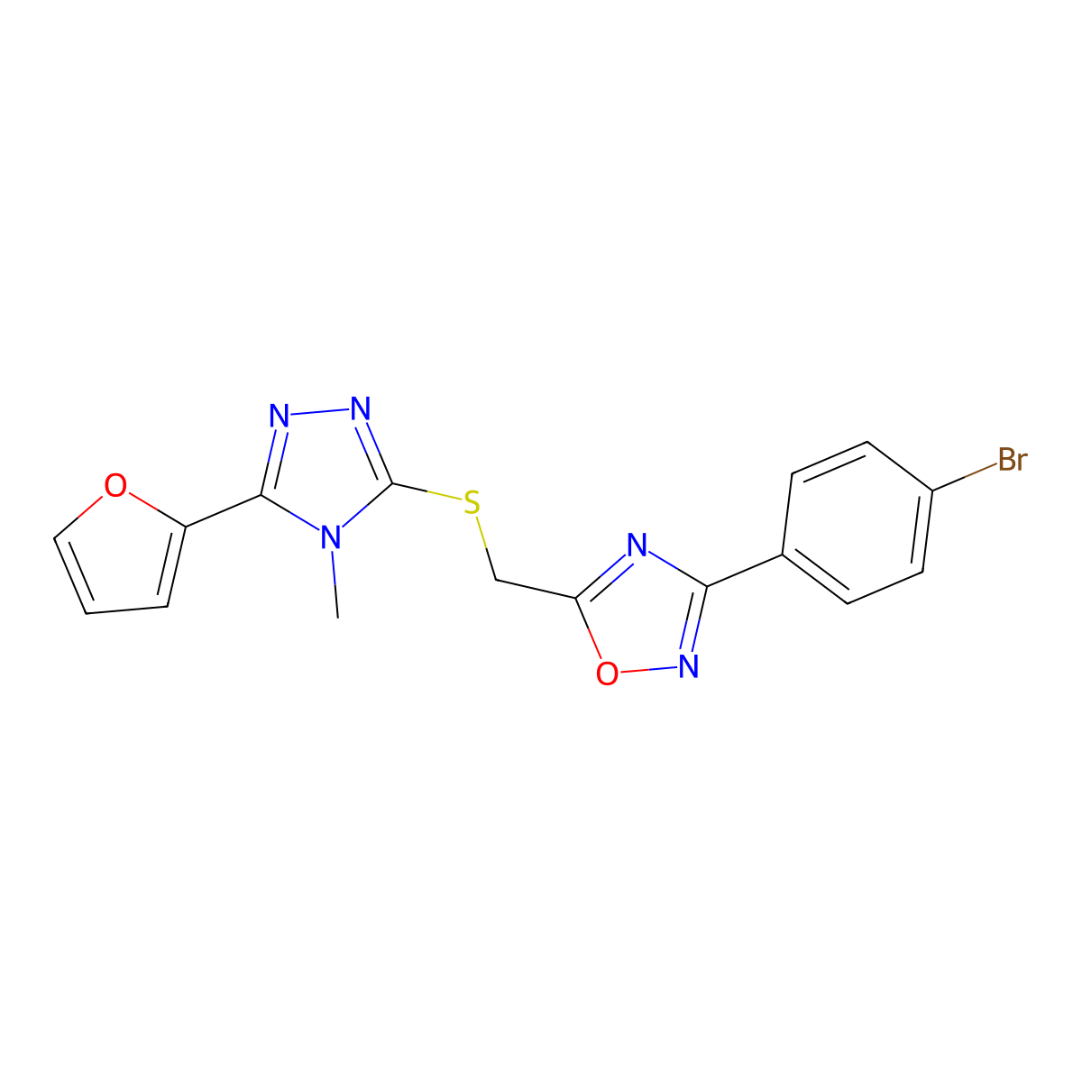 3-(4-Bromophenyl)-5-[[5-(furan-2-yl)-4-methyl-1,2,4-triazol-3-yl]sulfanylmethyl]-1,2,4-oxadiazole molecular structure, CAS 708252-21-5
