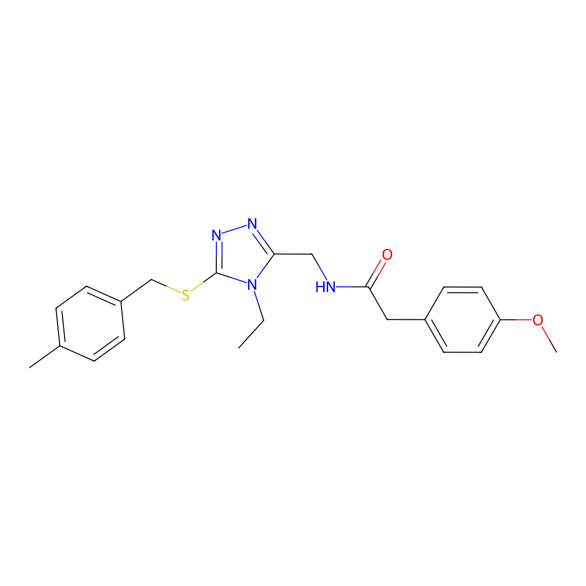 N-[[4-ethyl-5-[(4-methylphenyl)methylsulfanyl]-1,2,4-triazol-3-yl]methyl]-2-(4-methoxyphenyl)acetamide molecular structure, CAS 708252-37-3