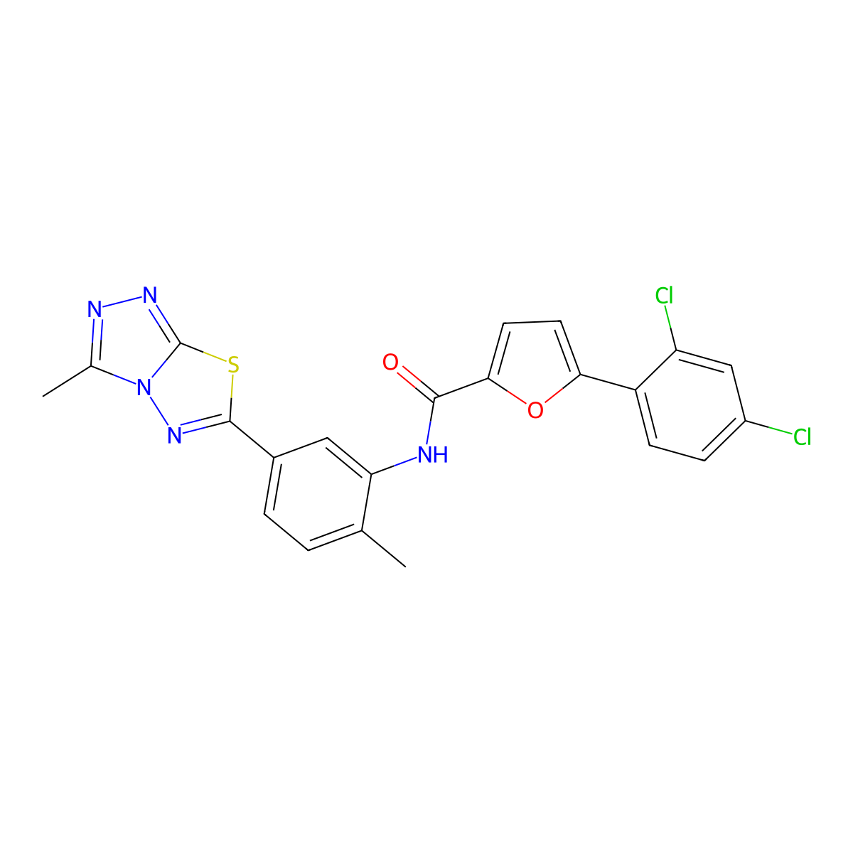 5-(2,4-dichlorophenyl)-N-[2-methyl-5-(3-methyl-[1,2,4]triazolo[3,4-b][1,3,4]thiadiazol-6-yl)phenyl]furan-2-carboxamide molecular structure, CAS 708252-53-3