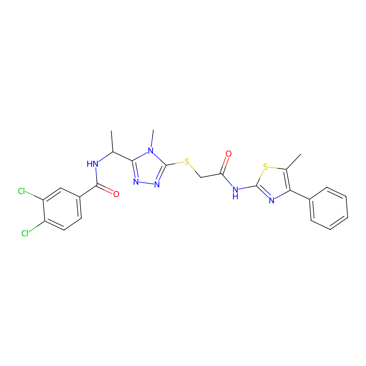 3,4-dichloro-N-[1-[4-methyl-5-[2-[(5-methyl-4-phenyl-1,3-thiazol-2-yl)amino]-2-oxoethyl]sulfanyl-1,2,4-triazol-3-yl]ethyl]benzamide molecular structure, CAS 708252-57-7