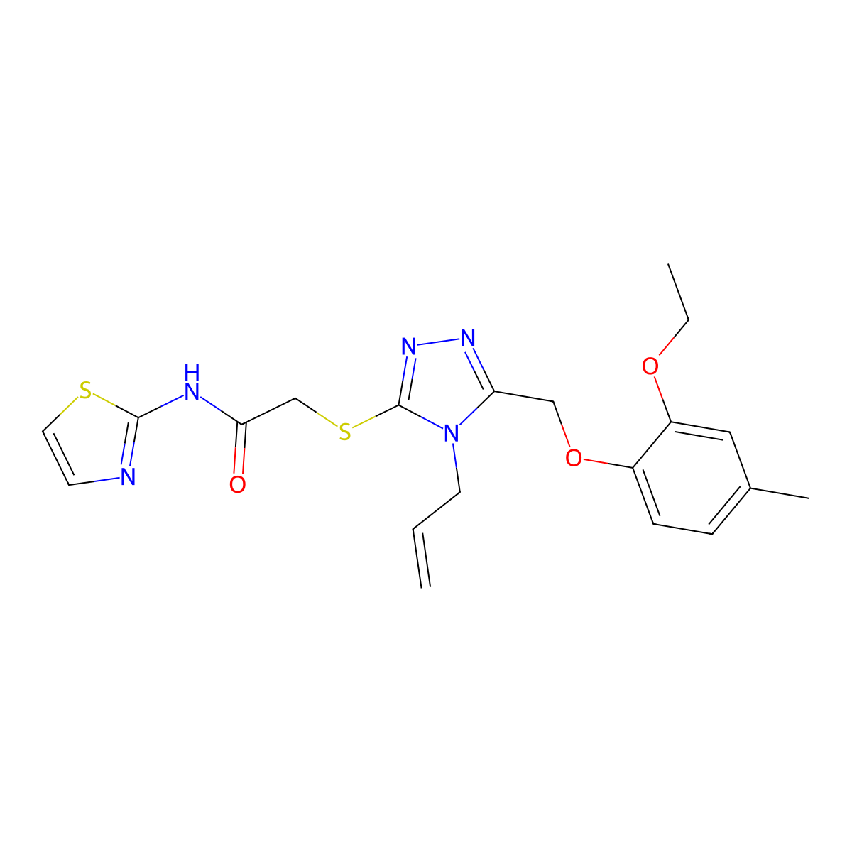 2-[[5-[(2-ethoxy-4-methylphenoxy)methyl]-4-prop-2-enyl-1,2,4-triazol-3-yl]sulfanyl]-N-(1,3-thiazol-2-yl)acetamide molecular structure, CAS 708252-80-6