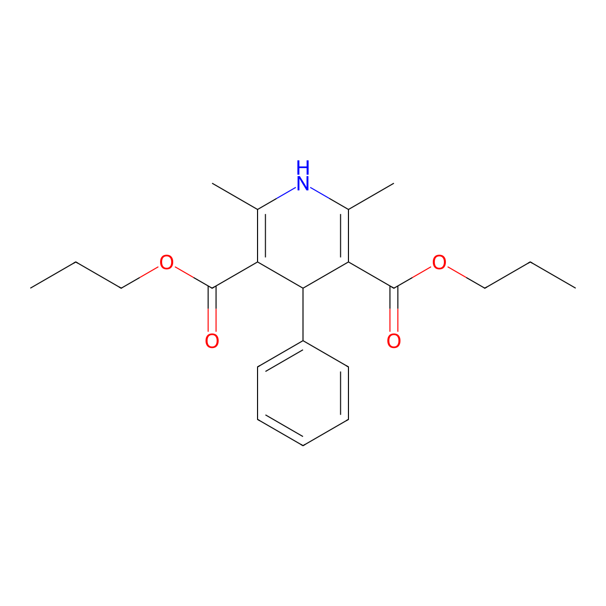 Dipropyl 2,6-dimethyl-4-phenyl-1,4-dihydropyridine-3,5-dicarboxylate molecular structure, CAS 70827-64-4