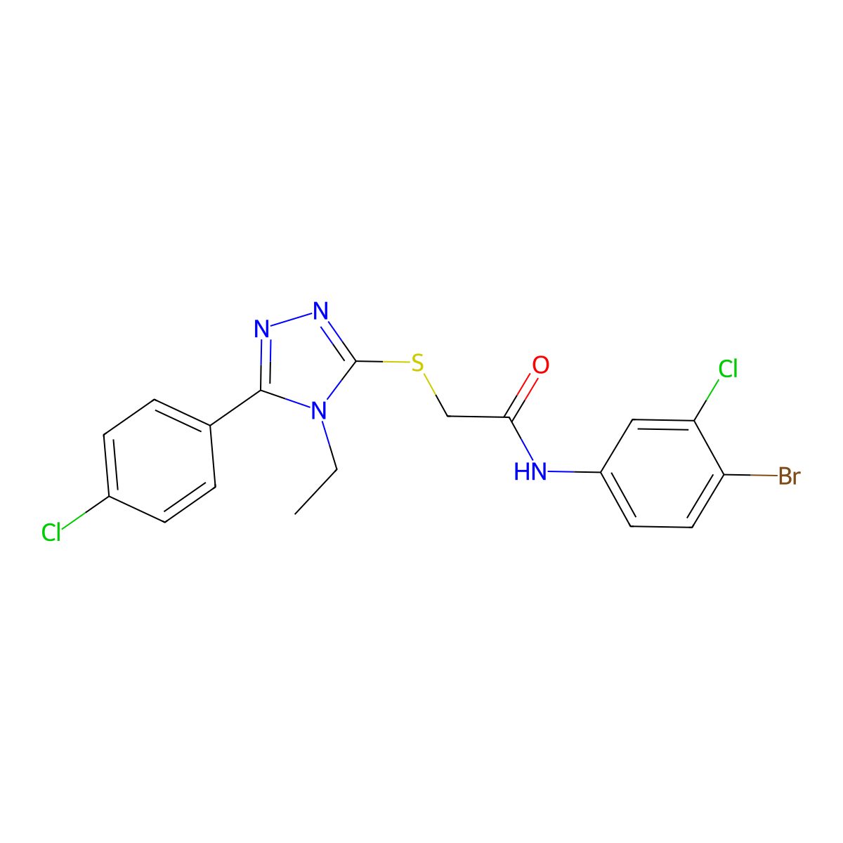 N-(4-bromo-3-chlorophenyl)-2-[[5-(4-chlorophenyl)-4-ethyl-1,2,4-triazol-3-yl]sulfanyl]acetamide molecular structure, CAS 708278-74-4