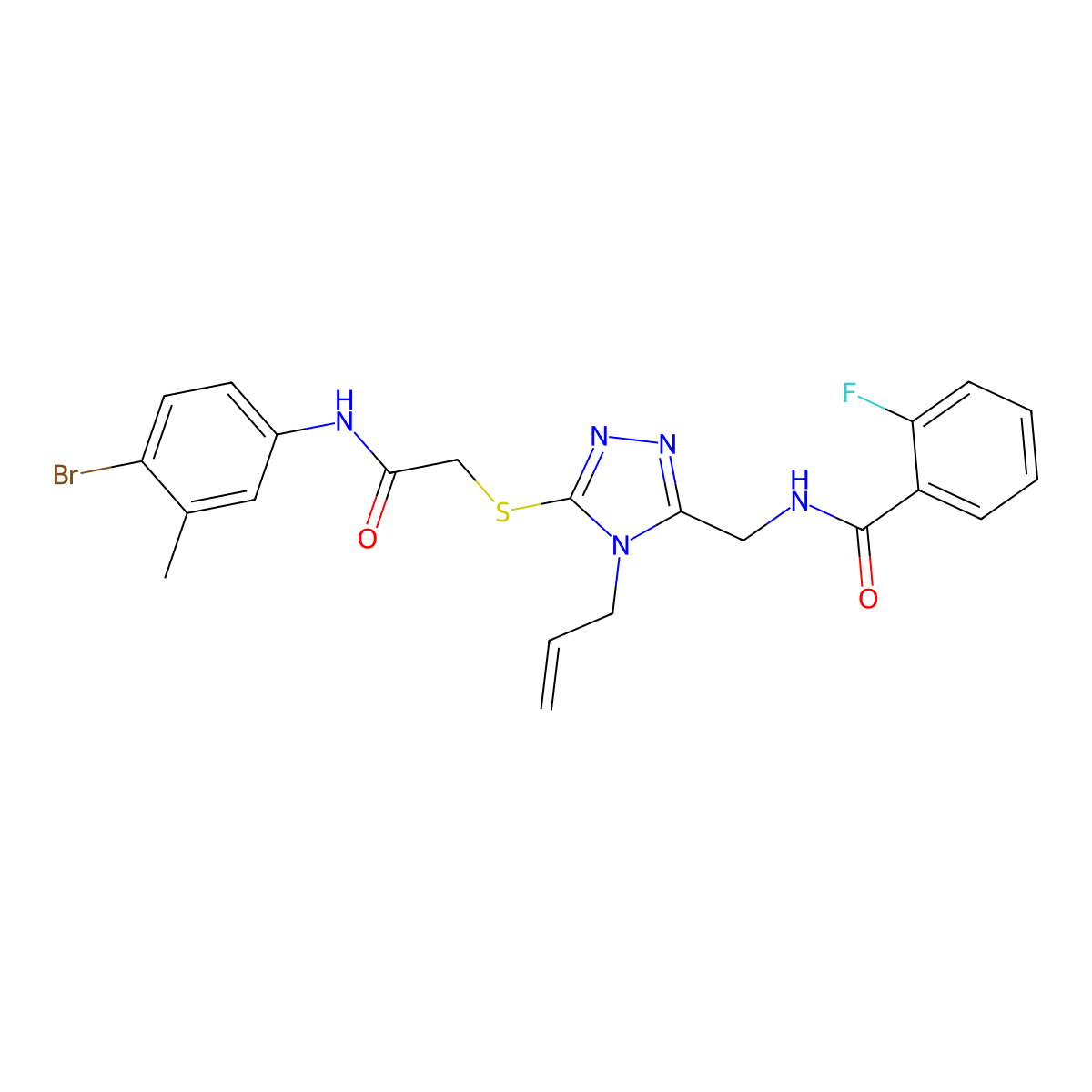 N-[[5-[2-(4-bromo-3-methylanilino)-2-oxoethyl]sulfanyl-4-prop-2-enyl-1,2,4-triazol-3-yl]methyl]-2-fluorobenzamide molecular structure, CAS 708278-76-6