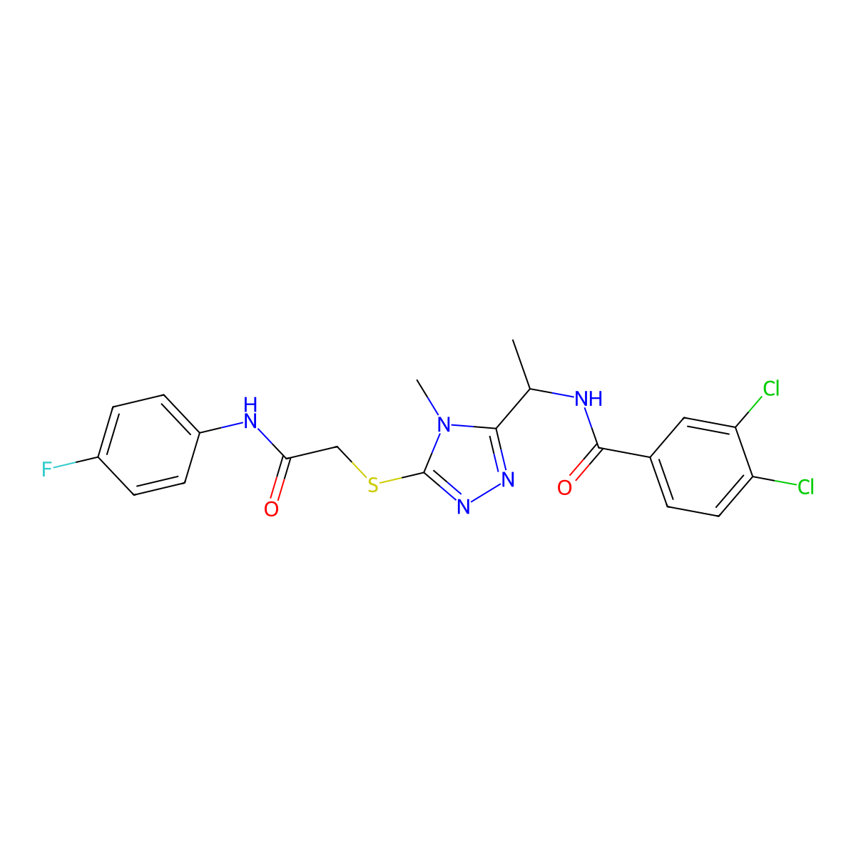 3,4-dichloro-N-[1-[5-[2-(4-fluoroanilino)-2-oxoethyl]sulfanyl-4-methyl-1,2,4-triazol-3-yl]ethyl]benzamide molecular structure, CAS 708278-79-9