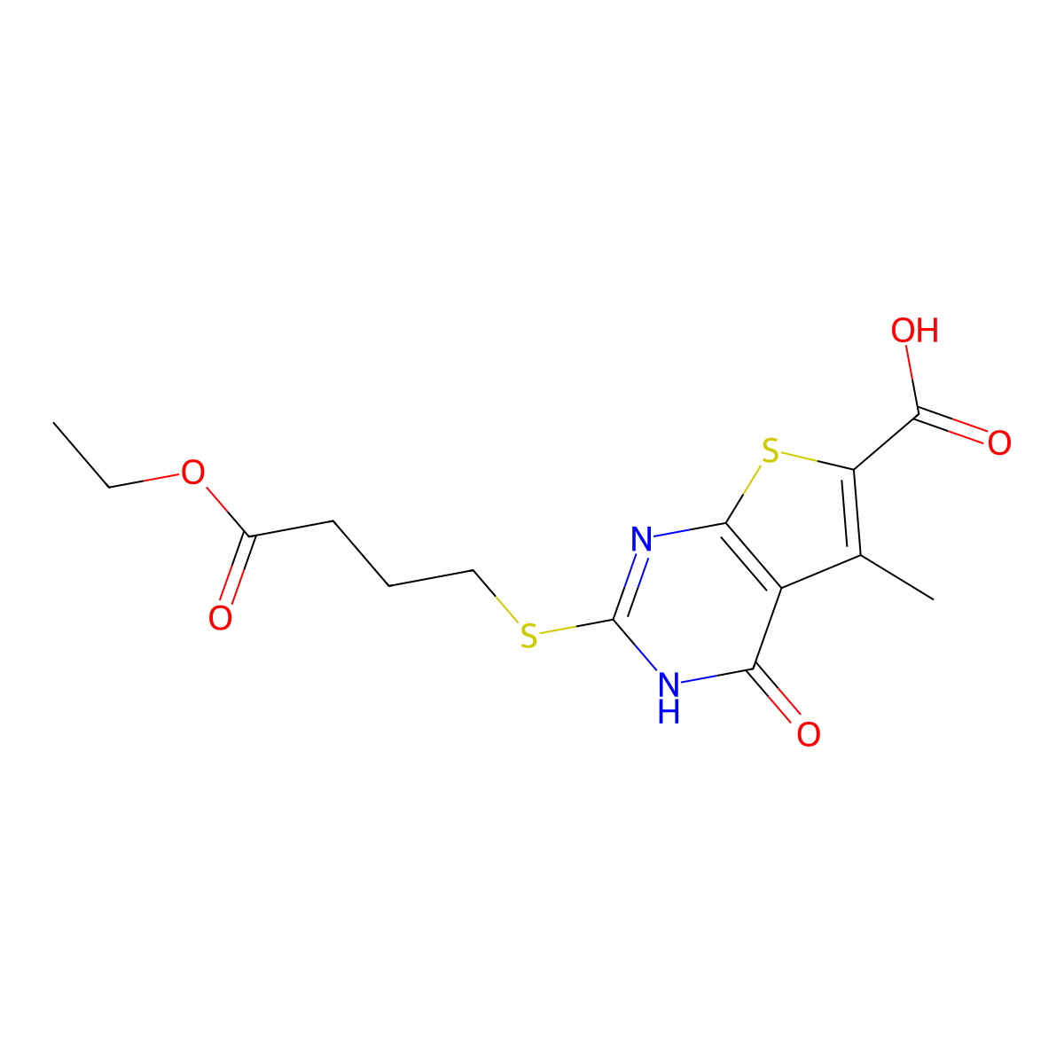2-((4-Ethoxy-4-oxobutyl)thio)-5-methyl-4-oxo-3,4-dihydrothieno[2,3-d]pyrimidine-6-carboxylic acid molecular structure, CAS 708279-15-6
