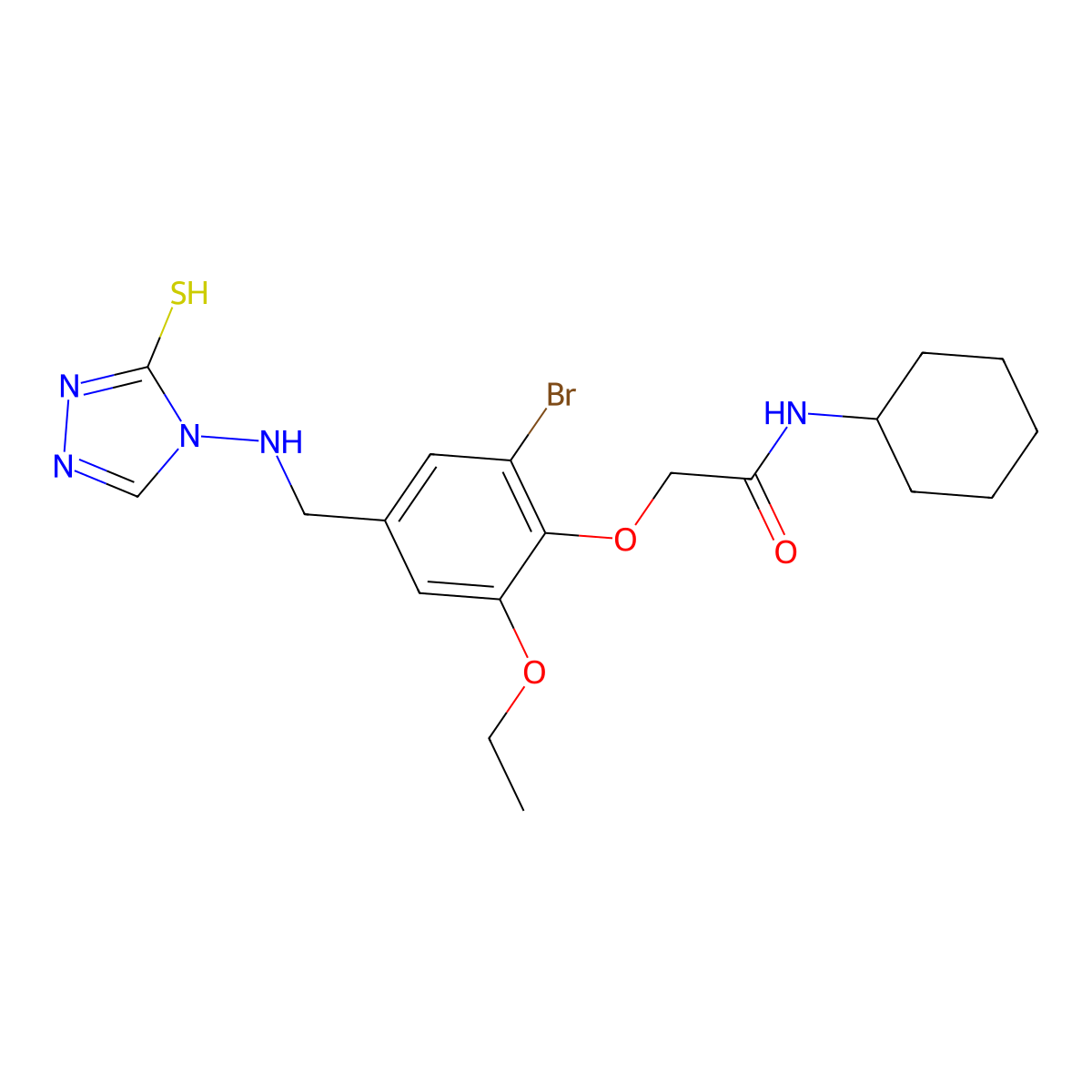 2-(2-bromo-6-ethoxy-4-{[(3-sulfanyl-4H-1,2,4-triazol-4-yl)amino]methyl}phenoxy)-N-cyclohexylacetamide molecular structure, CAS 708279-17-8