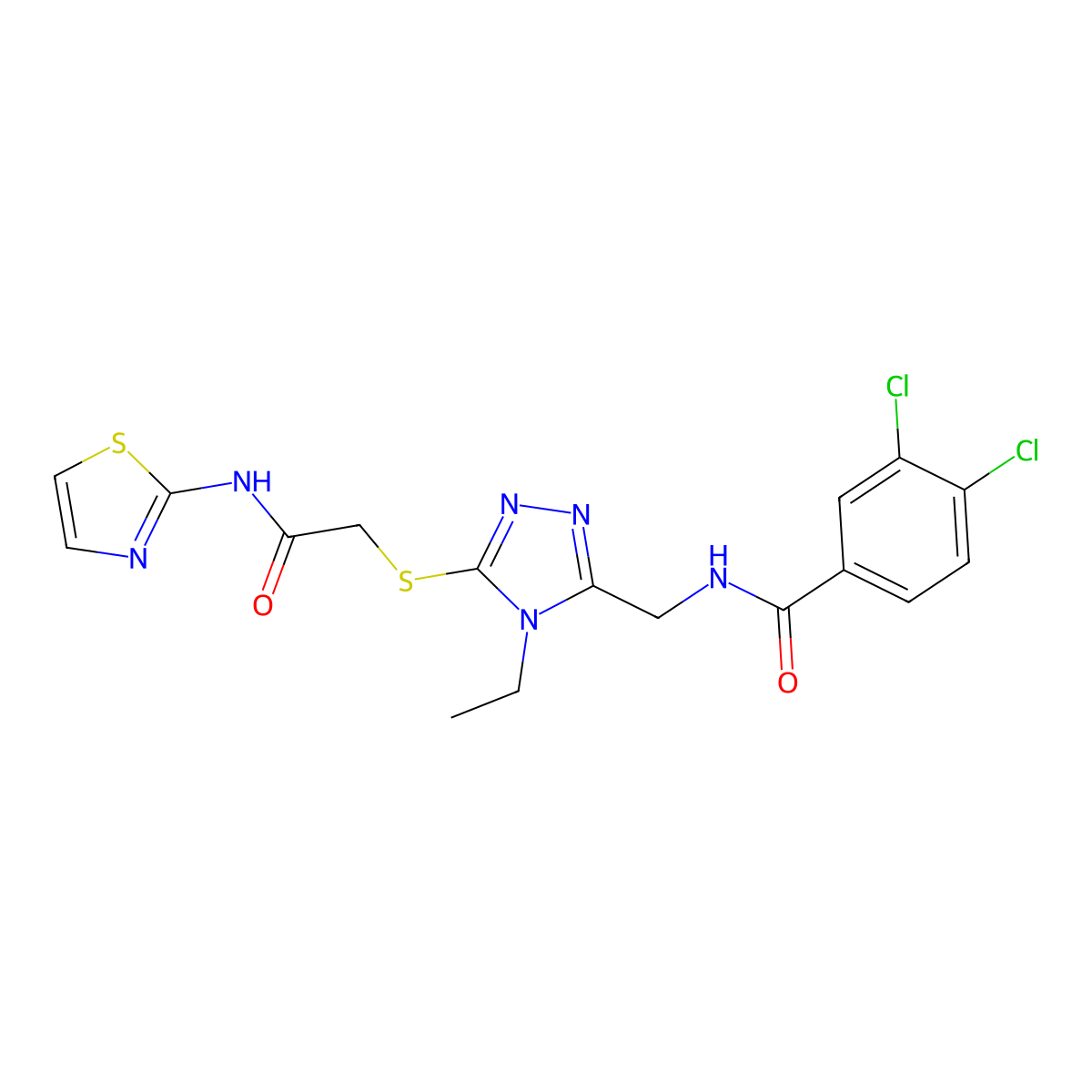 3,4-dichloro-N-[[4-ethyl-5-[2-oxo-2-(1,3-thiazol-2-ylamino)ethyl]sulfanyl-1,2,4-triazol-3-yl]methyl]benzamide molecular structure, CAS 708279-19-0
