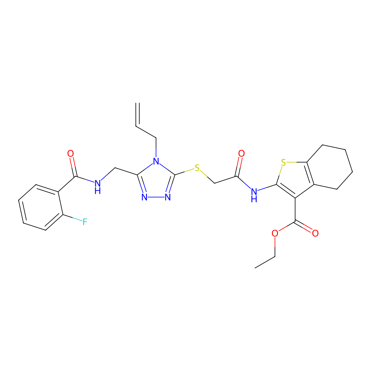 ethyl 2-[({[5-({[(2-fluorophenyl)carbonyl]amino}methyl)-4-(prop-2-en-1-yl)-4H-1,2,4-triazol-3-yl]sulfanyl}acetyl)amino]-4,5,6,7-tetrahydro-1-benzothiophene-3-carboxylate molecular structure, CAS 708279-29-2
