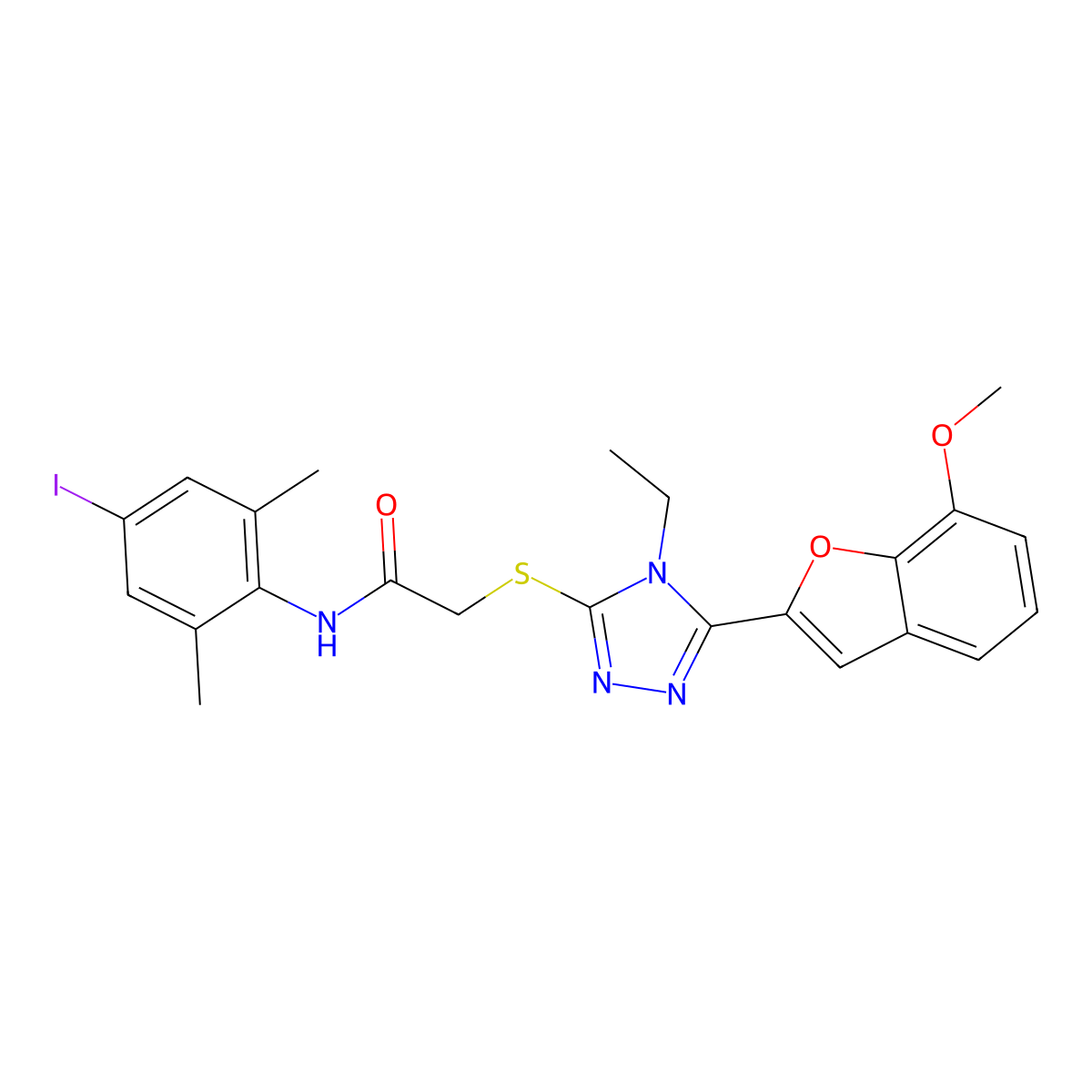 2-[[4-ethyl-5-(7-methoxy-1-benzofuran-2-yl)-1,2,4-triazol-3-yl]sulfanyl]-N-(4-iodo-2,6-dimethylphenyl)acetamide molecular structure, CAS 708279-46-3
