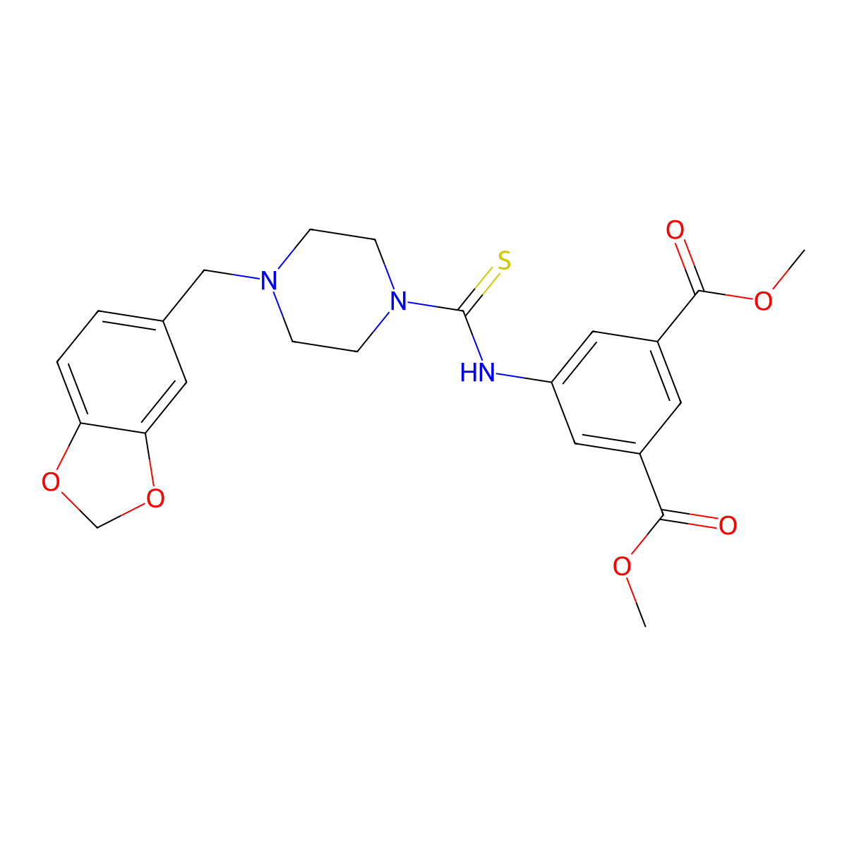 Dimethyl 5-({[4-(1,3-benzodioxol-5-ylmethyl)piperazin-1-yl]carbonothioyl}amino)benzene-1,3-dicarboxylate molecular structure, CAS 708279-56-5