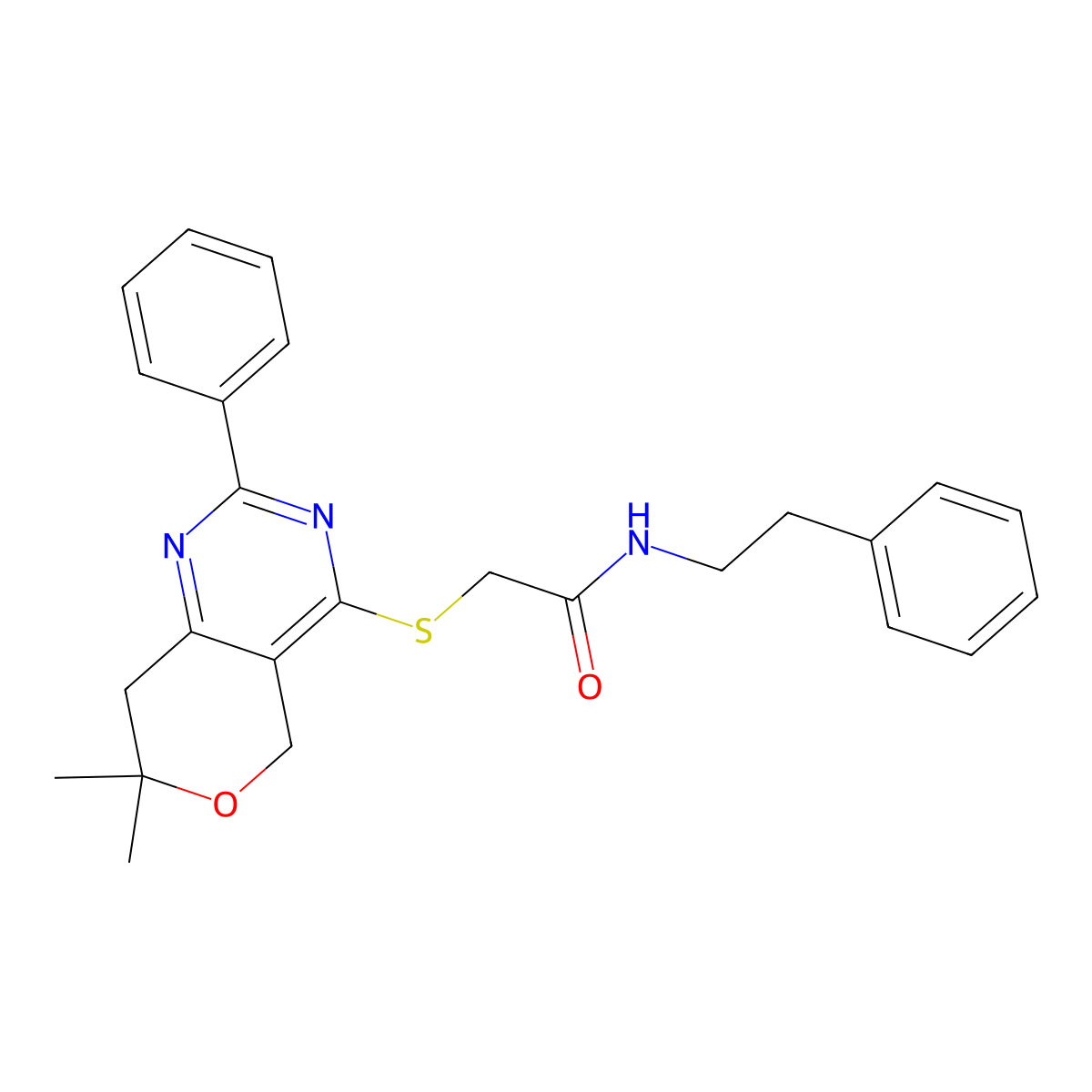 2-[(7,7-dimethyl-2-phenyl-7,8-dihydro-5H-pyrano[4,3-d]pyrimidin-4-yl)sulfanyl]-N-(2-phenylethyl)acetamide molecular structure, CAS 708280-12-0