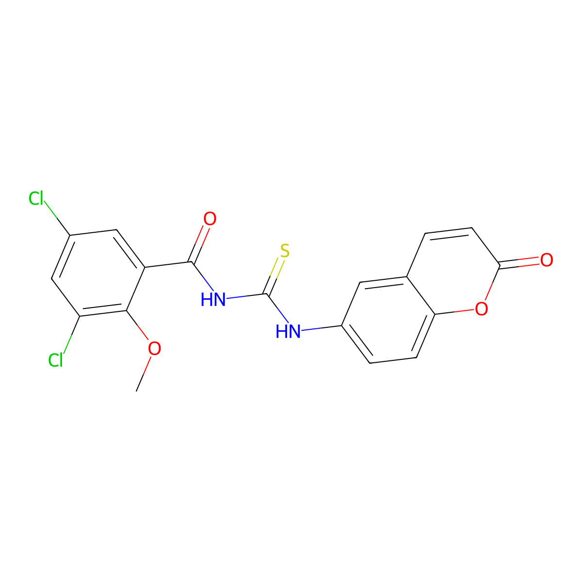 3,5-dichloro-2-methoxy-N-[(2-oxochromen-6-yl)carbamothioyl]benzamide molecular structure, CAS 708280-23-3