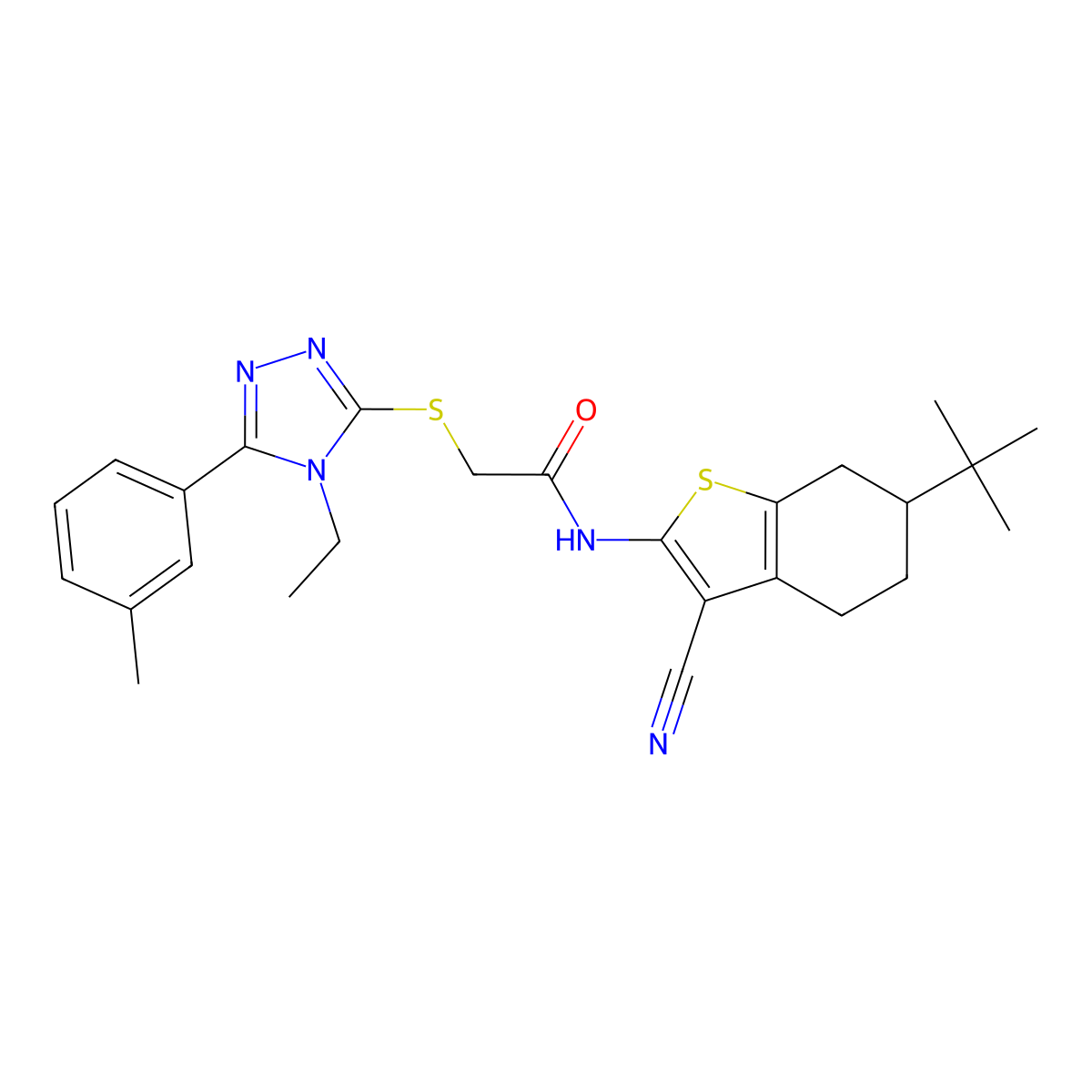 N-(6-tert-butyl-3-cyano-4,5,6,7-tetrahydro-1-benzothiophen-2-yl)-2-[[4-ethyl-5-(3-methylphenyl)-1,2,4-triazol-3-yl]sulfanyl]acetamide molecular structure, CAS 708280-40-4