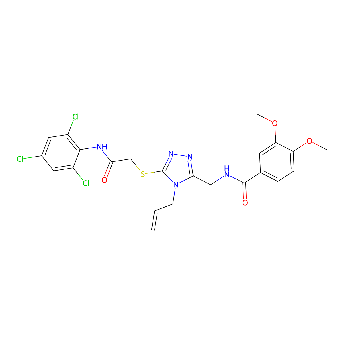 3,4-dimethoxy-N-[[5-[2-oxo-2-(2,4,6-trichloroanilino)ethyl]sulfanyl-4-prop-2-enyl-1,2,4-triazol-3-yl]methyl]benzamide molecular structure, CAS 708280-45-9