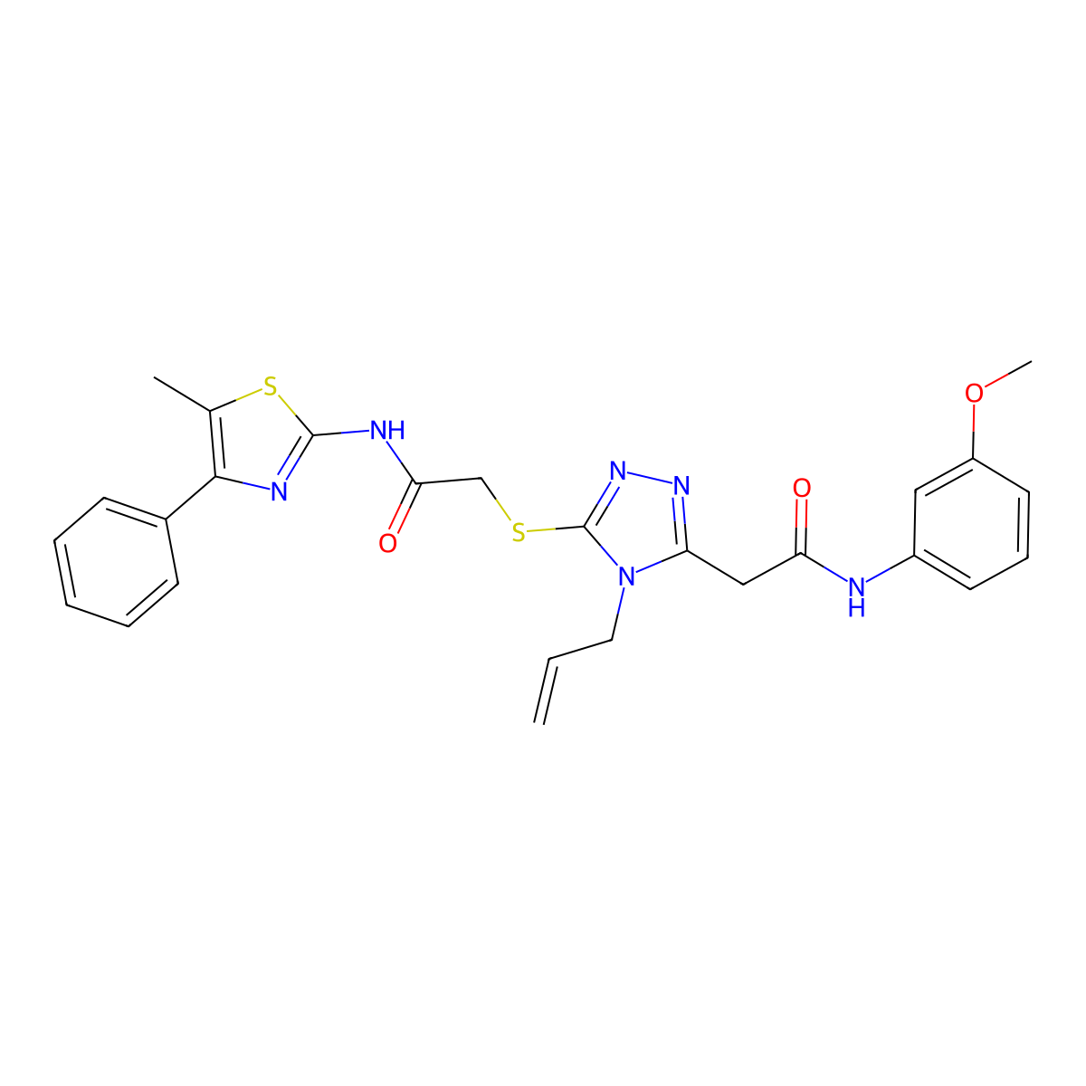 N-(3-methoxyphenyl)-2-[5-[2-[(5-methyl-4-phenyl-1,3-thiazol-2-yl)amino]-2-oxoethyl]sulfanyl-4-prop-2-enyl-1,2,4-triazol-3-yl]acetamide molecular structure, CAS 708280-62-0