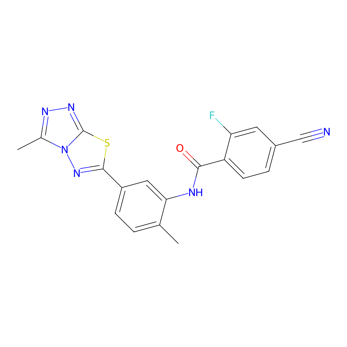 4-cyano-2-fluoro-N-[2-methyl-5-(3-methyl[1,2,4]triazolo[3,4-b][1,3,4]thiadiazol-6-yl)phenyl]benzamide molecular structure, CAS 708281-07-6