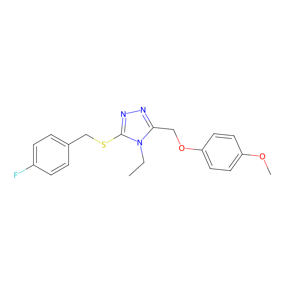 4-Ethyl-3-[(4-fluorophenyl)methylsulfanyl]-5-[(4-methoxyphenoxy)methyl]-1,2,4-triazole molecular structure, CAS 708281-14-5