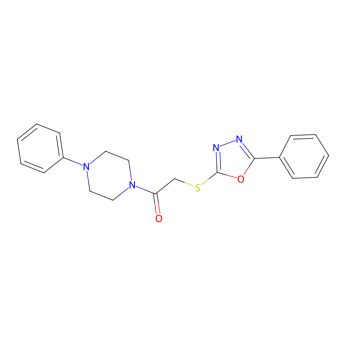 1-Phenyl-4-{[(5-phenyl-1,3,4-oxadiazol-2-yl)thio]acetyl}piperazine molecular structure, CAS 708281-20-3