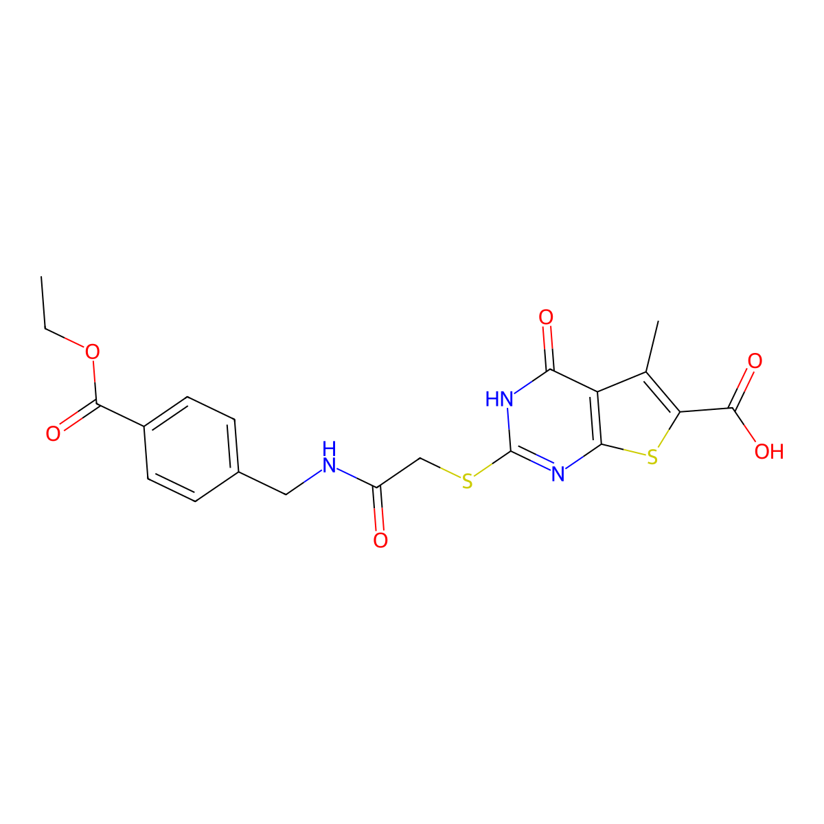 2-((2-((4-(Ethoxycarbonyl)benzyl)amino)-2-oxoethyl)thio)-5-methyl-4-oxo-3,4-dihydrothieno[2,3-d]pyrimidine-6-carboxylic acid molecular structure, CAS 708281-26-9