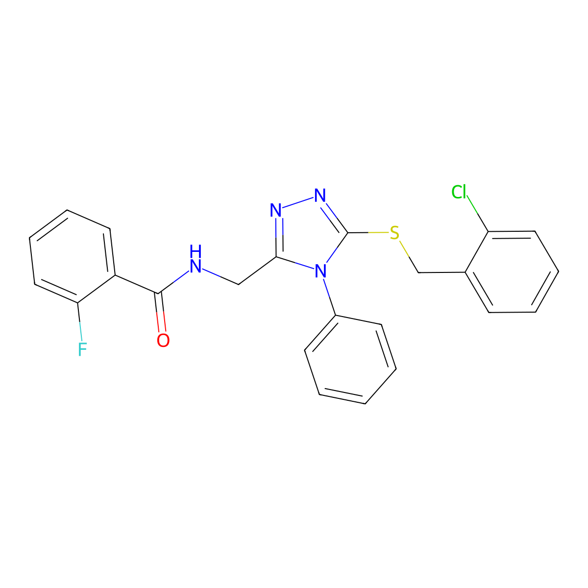 N-[[5-[(2-chlorophenyl)methylsulfanyl]-4-phenyl-1,2,4-triazol-3-yl]methyl]-2-fluorobenzamide molecular structure, CAS 708281-41-8