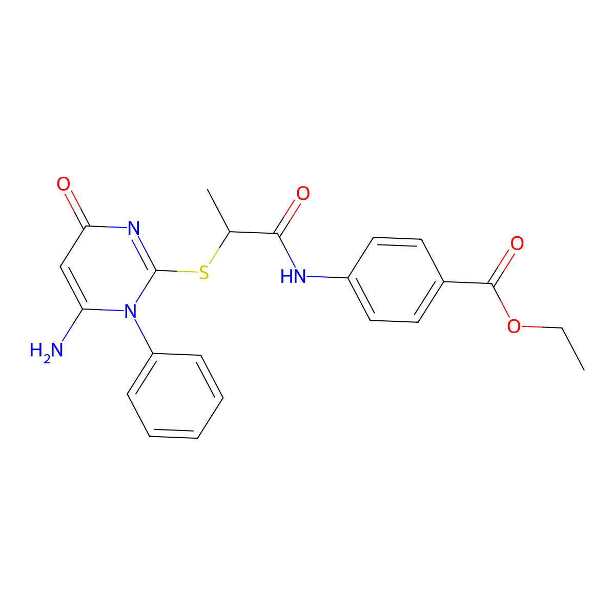 Ethyl 4-({2-[(6-amino-4-oxo-1-phenyl-1,4-dihydropyrimidin-2-yl)sulfanyl]propanoyl}amino)benzoate molecular structure, CAS 708281-66-7