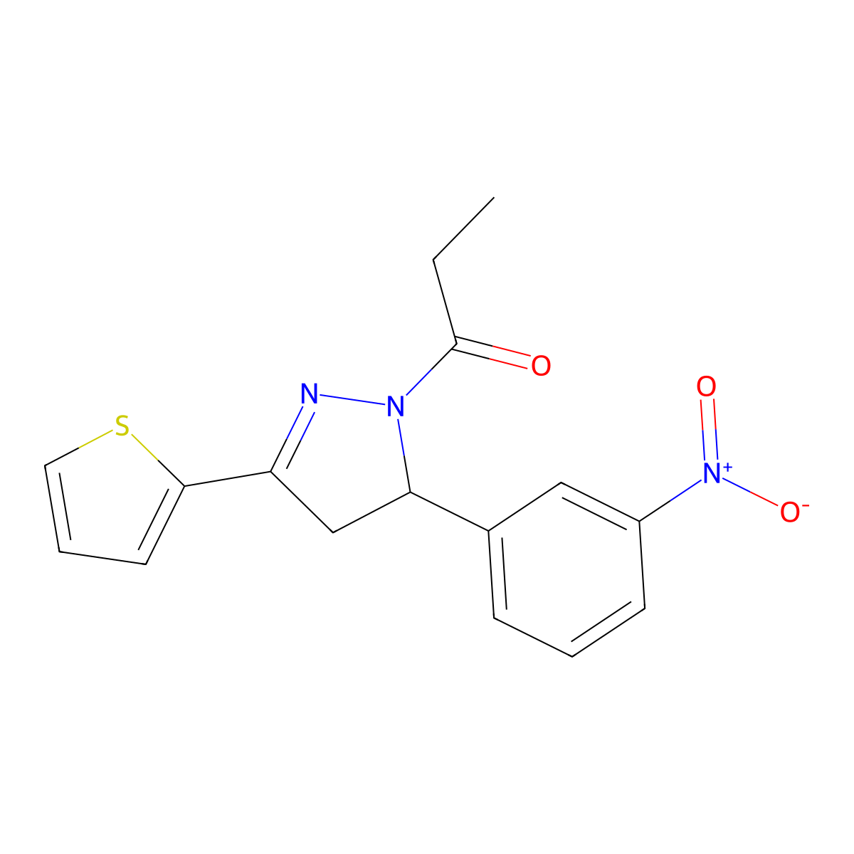 1-[3-(3-Nitrophenyl)-5-thiophen-2-yl-3,4-dihydropyrazol-2-yl]propan-1-one molecular structure, CAS 708281-83-8