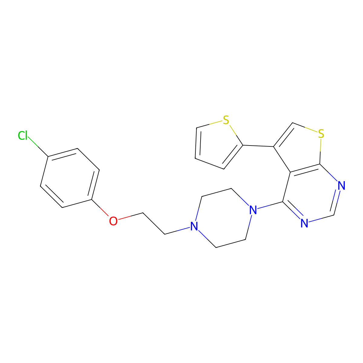 4-(4-(2-(4-Chlorophenoxy)ethyl)piperazin-1-yl)-5-(thiophen-2-yl)thieno[2,3-d]pyrimidine molecular structure, CAS 708282-23-9