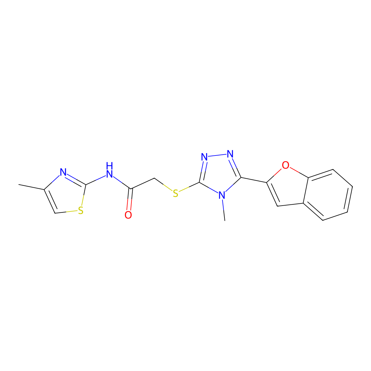 2-[[5-(1-benzofuran-2-yl)-4-methyl-1,2,4-triazol-3-yl]sulfanyl]-N-(4-methyl-1,3-thiazol-2-yl)acetamide molecular structure, CAS 708282-69-3