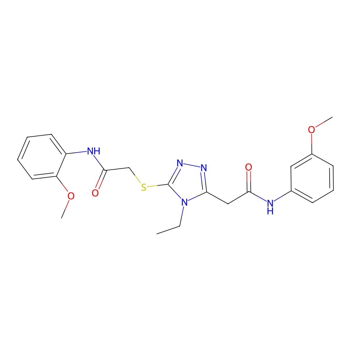 2-[4-ethyl-5-[2-(2-methoxyanilino)-2-oxoethyl]sulfanyl-1,2,4-triazol-3-yl]-N-(3-methoxyphenyl)acetamide molecular structure, CAS 708282-84-2