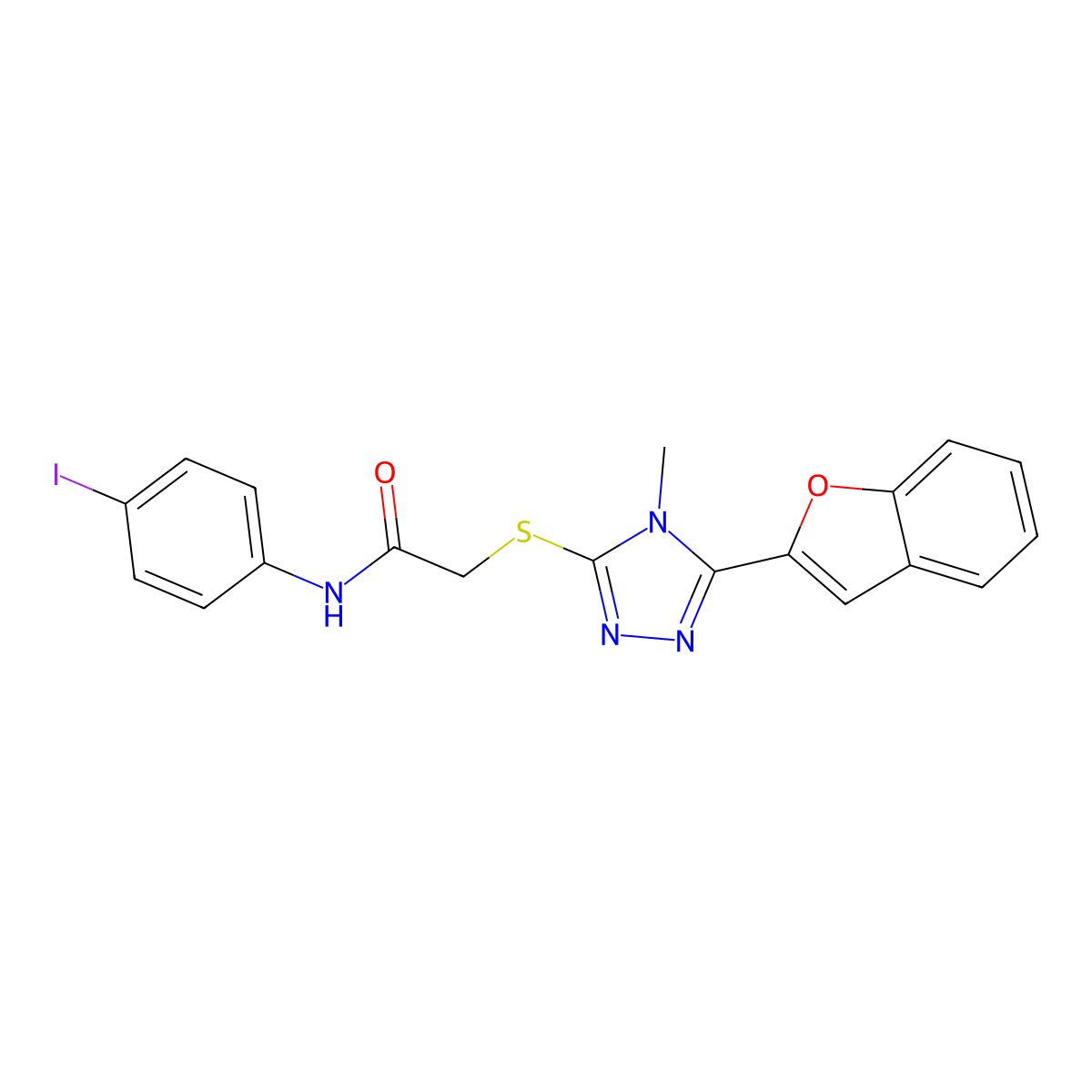 2-[[5-(1-benzofuran-2-yl)-4-methyl-1,2,4-triazol-3-yl]sulfanyl]-N-(4-iodophenyl)acetamide molecular structure, CAS 708283-01-6
