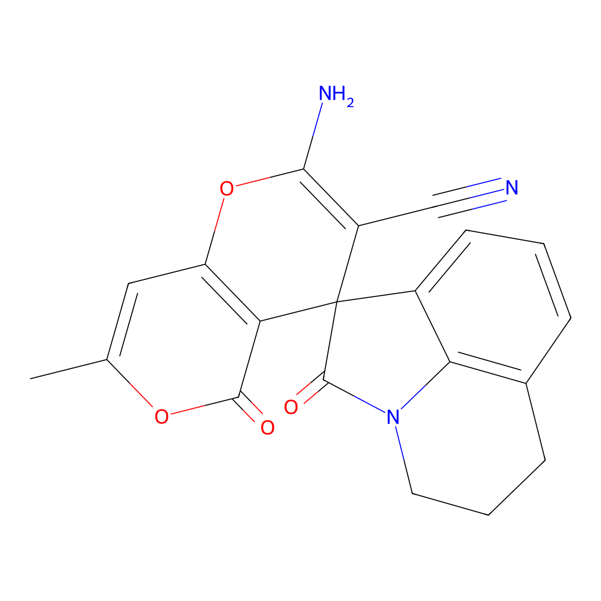 2-amino-7-methyl-2',5-dioxo-5',6'-dihydro-4'H,5H-spiro[pyrano[4,3-b]pyran-4,1'-pyrrolo[3,2,1-ij]quinoline]-3-carbonitrile molecular structure, CAS 708283-48-1