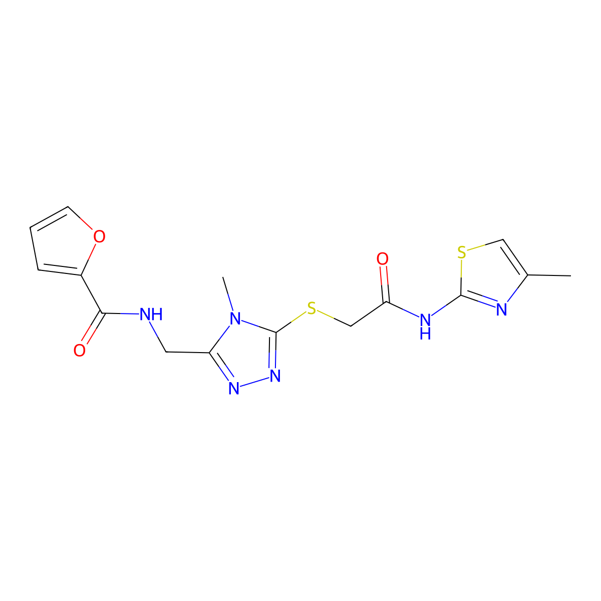 N-[[4-methyl-5-[2-[(4-methyl-1,3-thiazol-2-yl)amino]-2-oxoethyl]sulfanyl-1,2,4-triazol-3-yl]methyl]furan-2-carboxamide molecular structure, CAS 708283-52-7