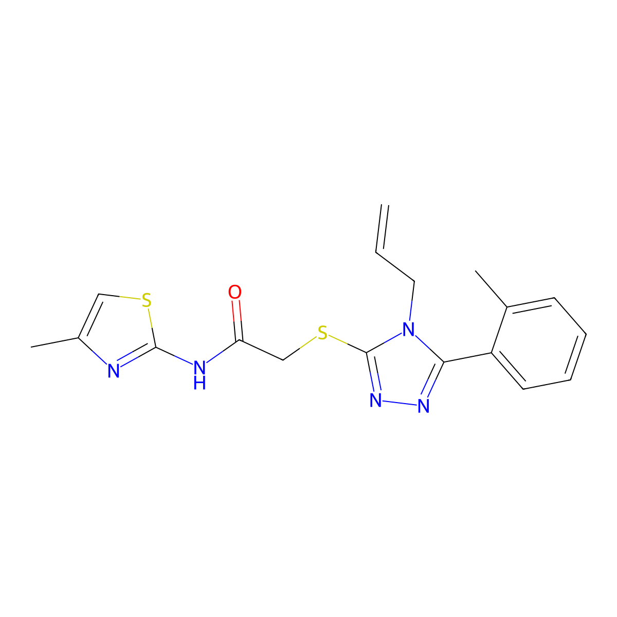 2-[[5-(2-methylphenyl)-4-prop-2-enyl-1,2,4-triazol-3-yl]sulfanyl]-N-(4-methyl-1,3-thiazol-2-yl)acetamide molecular structure, CAS 708284-18-8