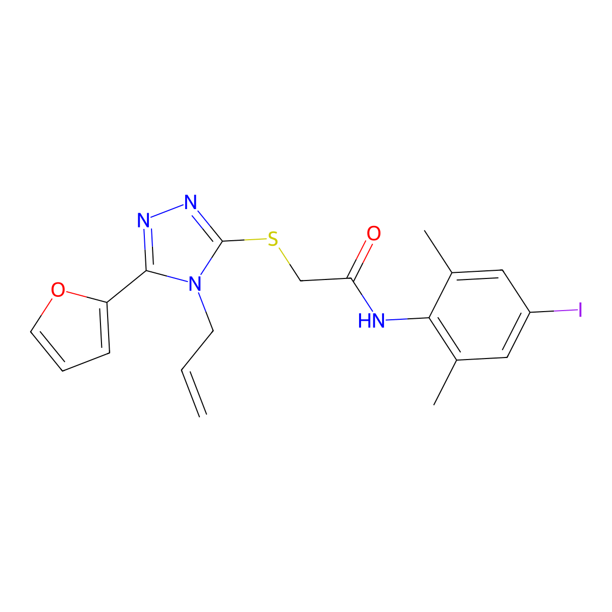 2-[[5-(furan-2-yl)-4-prop-2-enyl-1,2,4-triazol-3-yl]sulfanyl]-N-(4-iodo-2,6-dimethylphenyl)acetamide molecular structure, CAS 708284-34-8