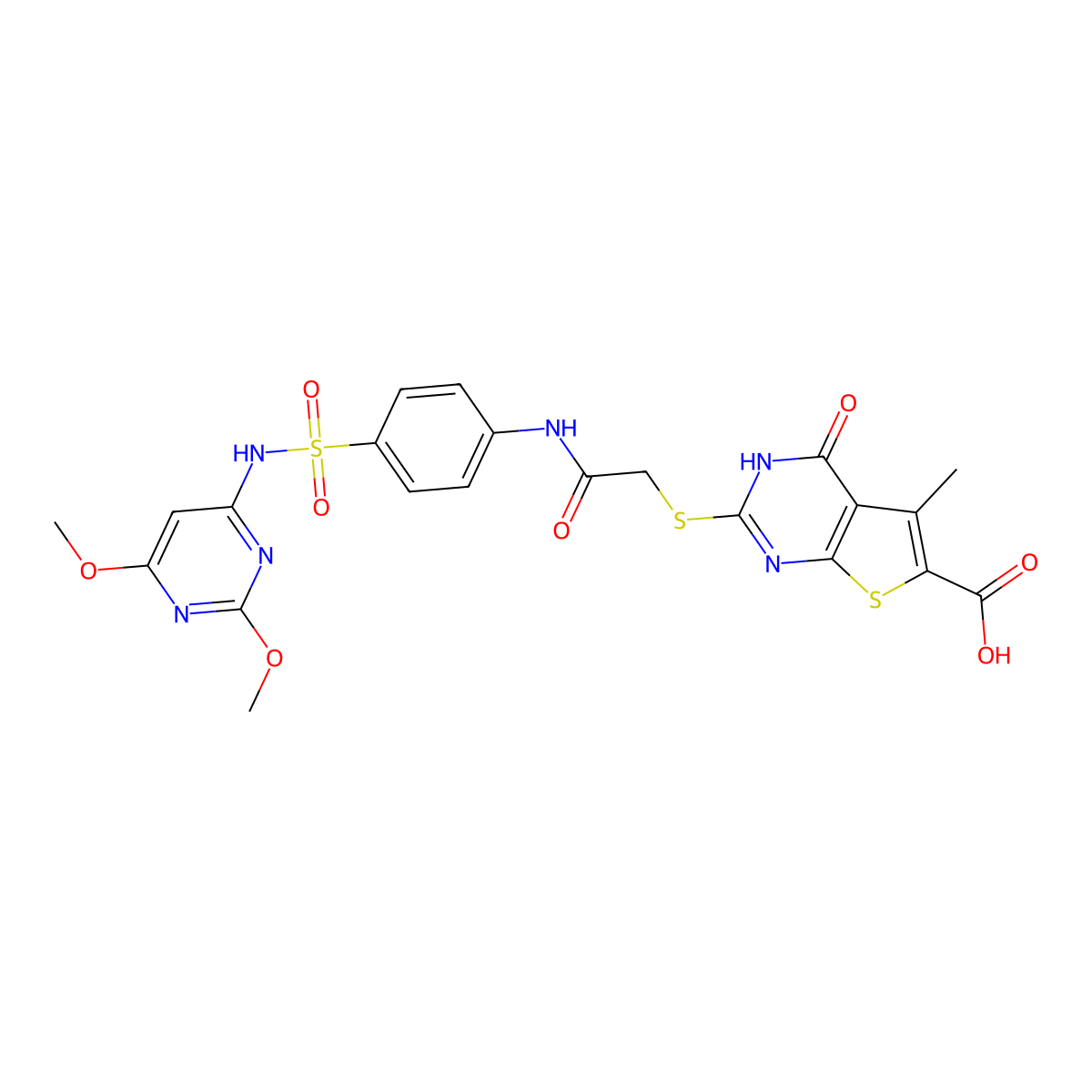 2-[2-[4-[(2,6-dimethoxypyrimidin-4-yl)sulfamoyl]anilino]-2-oxoethyl]sulfanyl-5-methyl-4-oxo-3H-thieno[2,3-d]pyrimidine-6-carboxylic acid molecular structure, CAS 708284-49-5