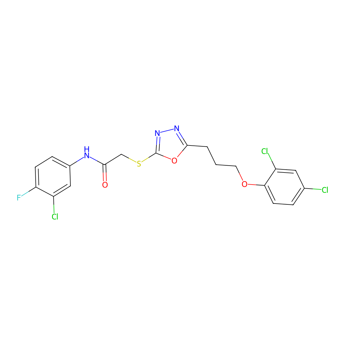 N-(3-chloro-4-fluorophenyl)-2-({5-[3-(2,4-dichlorophenoxy)propyl]-1,3,4-oxadiazol-2-yl}sulfanyl)acetamide molecular structure, CAS 708284-60-0