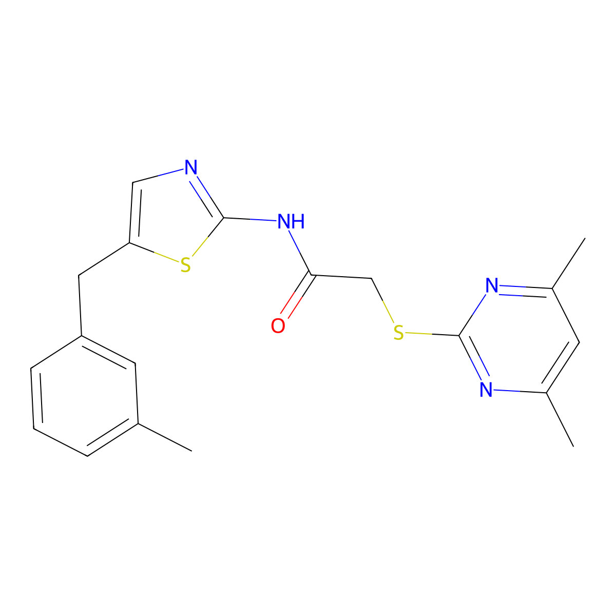2-(4,6-dimethylpyrimidin-2-yl)sulfanyl-N-[5-[(3-methylphenyl)methyl]-1,3-thiazol-2-yl]acetamide molecular structure, CAS 708284-73-5