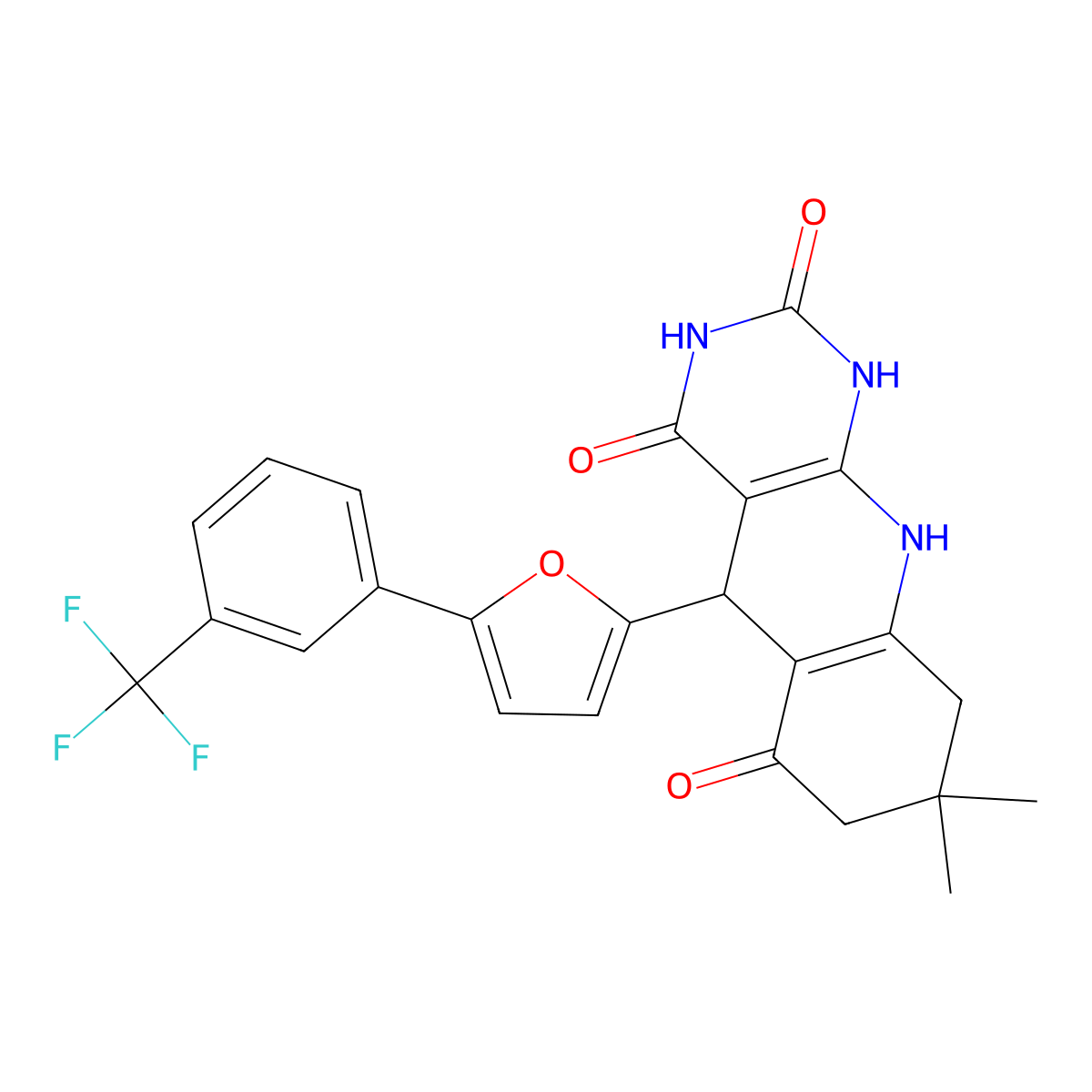 8,8-dimethyl-5-(5-(3-(trifluoromethyl)phenyl)furan-2-yl)-7,8,9,10-tetrahydropyrimido[4,5-b]quinoline-2,4,6(1H,3H,5H)-trione molecular structure, CAS 708284-85-9