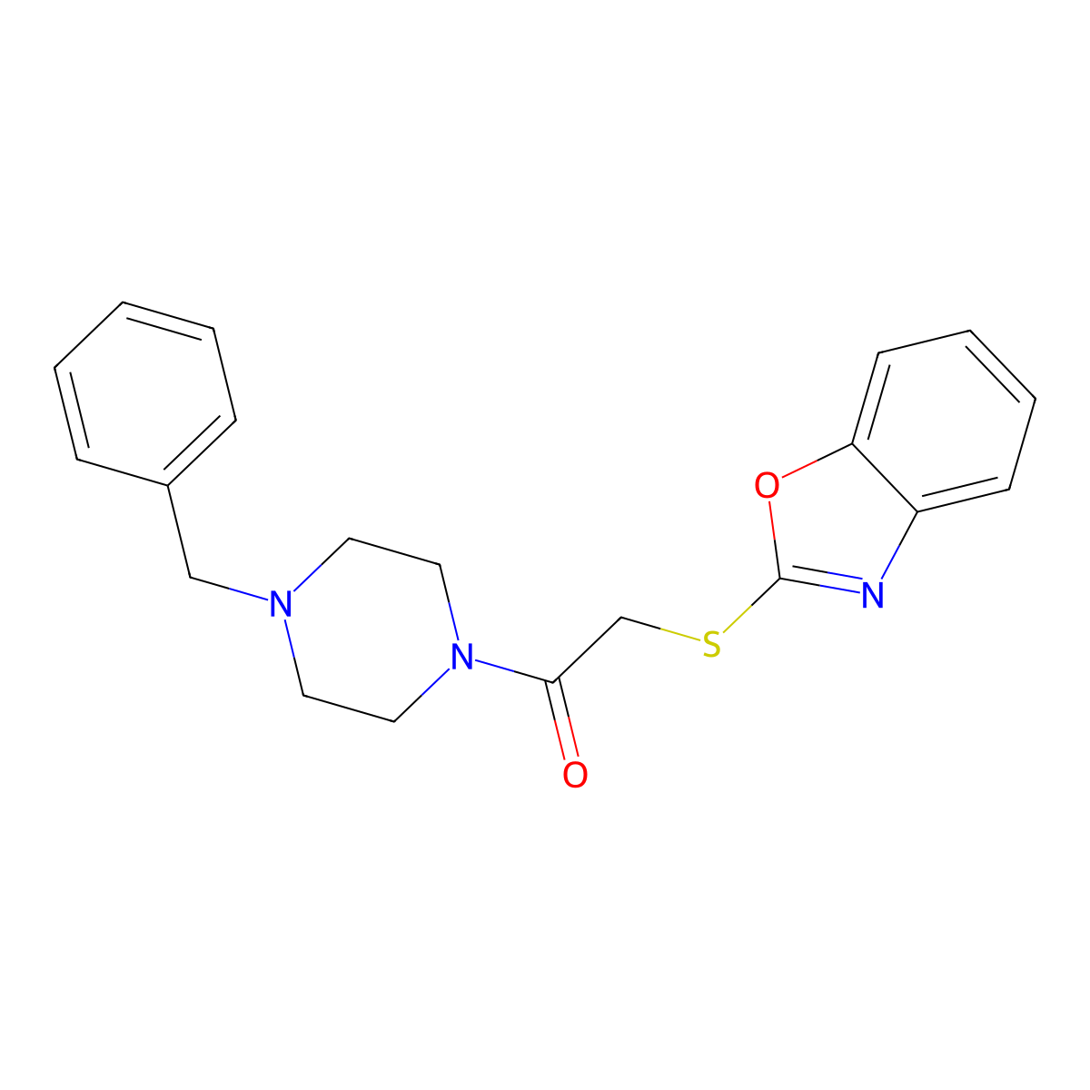 2-(1,3-Benzoxazol-2-ylsulfanyl)-1-(4-benzylpiperazin-1-yl)ethanone molecular structure, CAS 708284-95-1