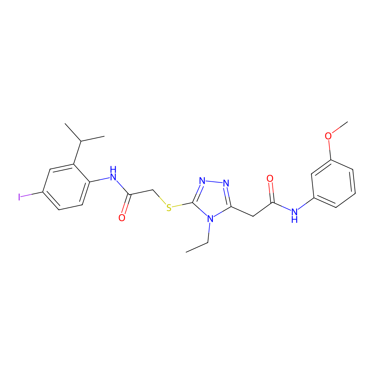 2-[4-ethyl-5-[2-(4-iodo-2-propan-2-ylanilino)-2-oxoethyl]sulfanyl-1,2,4-triazol-3-yl]-N-(3-methoxyphenyl)acetamide molecular structure, CAS 708285-12-5