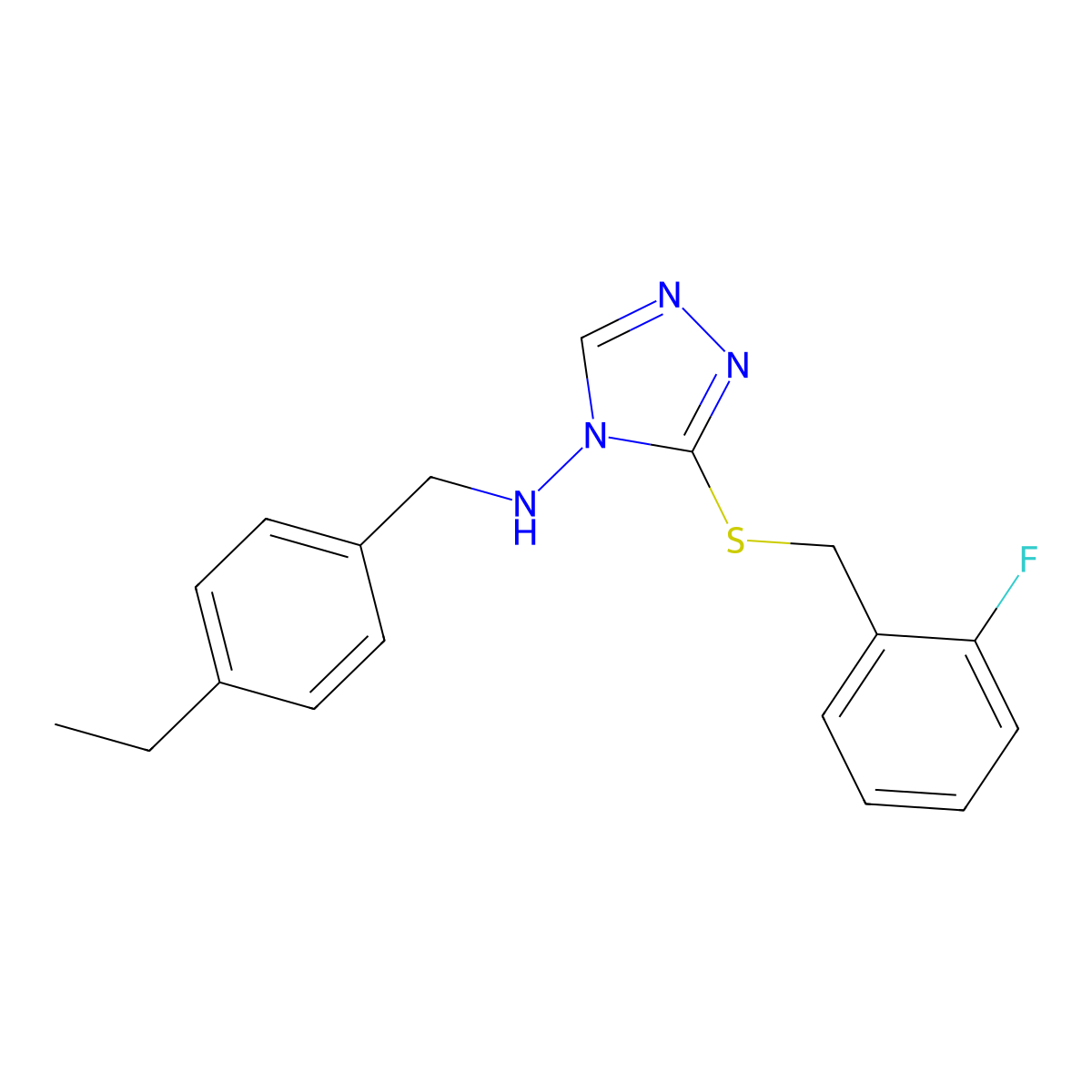 N-[(4-ethylphenyl)methyl]-3-[(2-fluorophenyl)methylsulfanyl]-1,2,4-triazol-4-amine molecular structure, CAS 708285-42-1