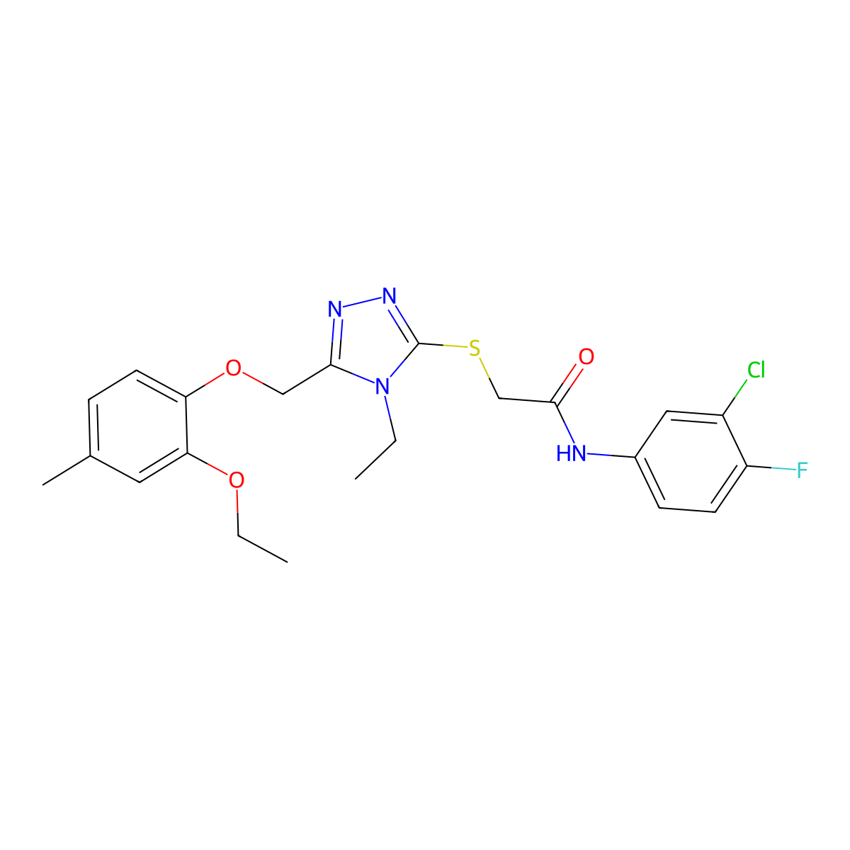 N-(3-chloro-4-fluorophenyl)-2-[[5-[(2-ethoxy-4-methylphenoxy)methyl]-4-ethyl-1,2,4-triazol-3-yl]sulfanyl]acetamide molecular structure, CAS 708285-74-9