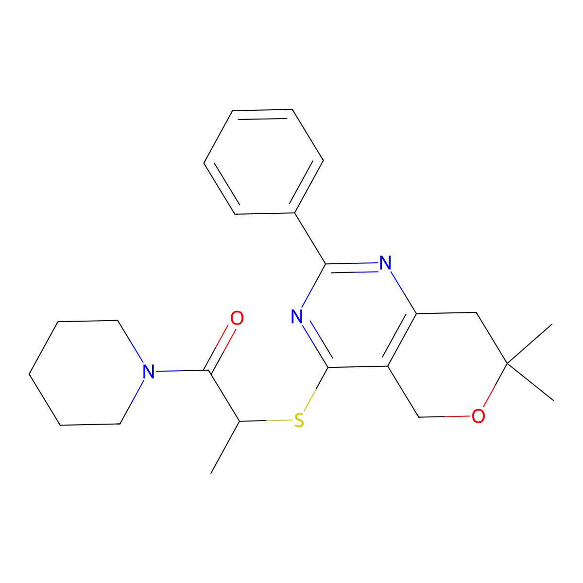 2-[(7,7-Dimethyl-2-phenyl-5,8-dihydropyrano[4,3-d]pyrimidin-4-yl)sulfanyl]-1-piperidin-1-ylpropan-1-one molecular structure, CAS 708286-15-1
