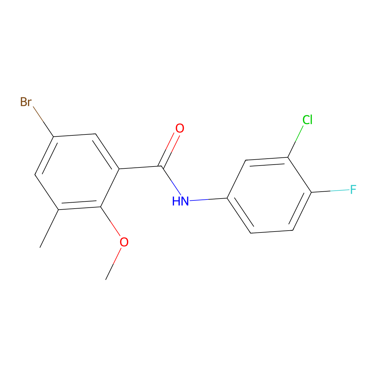 5-bromo-N-(3-chloro-4-fluorophenyl)-2-methoxy-3-methylbenzamide molecular structure, CAS 708286-69-5