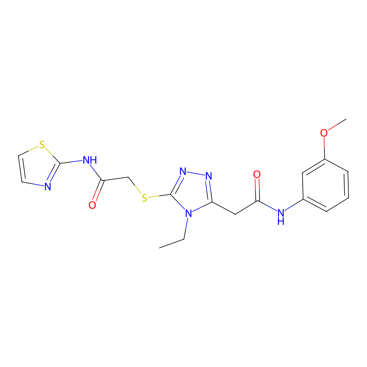 2-[4-ethyl-5-[2-oxo-2-(1,3-thiazol-2-ylamino)ethyl]sulfanyl-1,2,4-triazol-3-yl]-N-(3-methoxyphenyl)acetamide molecular structure, CAS 708286-70-8